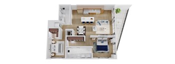 A top down view of a small apartment with a kitchen, living room, and bathroom.