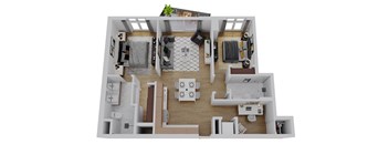 A top-down view of a small apartment with a kitchen, living room, and bedroom.