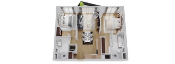 A top down view of a house interior with a kitchen, dining area, and living room.