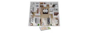 A top down view of a house interior with a kitchen, living room, dining room, and bathroom.