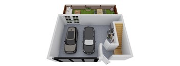 A 3D image of a car garage with two cars parked inside.