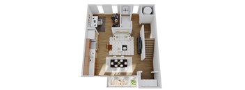 A top down view of a modern apartment with a kitchen, living room, and staircase.