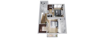 A top down view of a house interior with a kitchen, living room, and dining area.