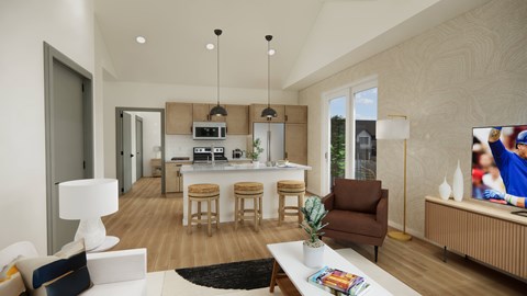 A modern kitchen with a dining table and chairs.