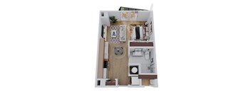A top-down view of a small apartment with a kitchen, living room, and bathroom.