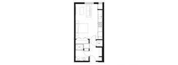 rectangular floor plan of a small house with a garage and a balcony