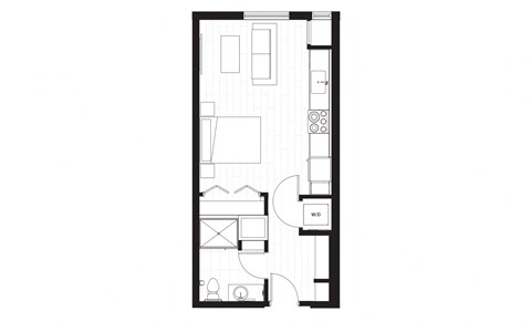 rectangular floor plan of a small house with a garage and a balcony