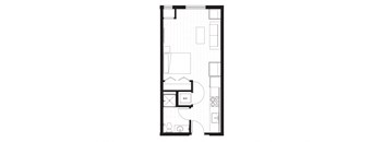 rectangular floor plan of a small apartment with a bedroom and a living room