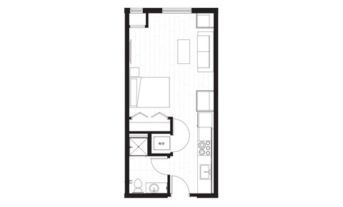 rectangular floor plan of a small apartment with a bedroom and a living room