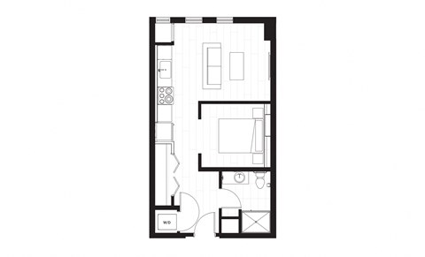 rectangular floor plan of a small house with a garage and a balcony