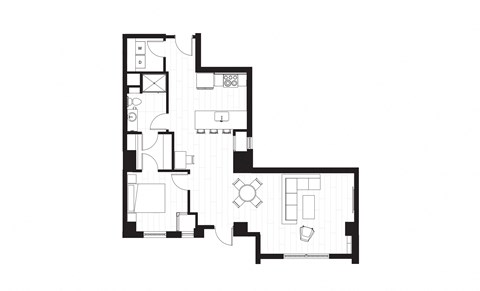 floor plan of the apartment with bedroom and kitchen in a modern style