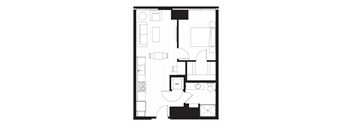 rectangular floor plan of a small apartment with a bedroom and a living room