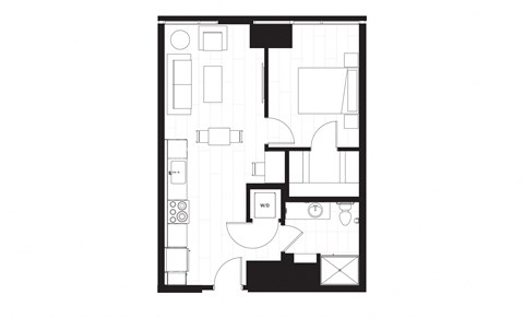 rectangular floor plan of a small apartment with a bedroom and a living room