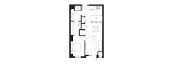 rectangular floor plan of an apartment with a bedroom and a living room
