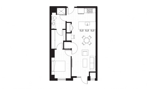 rectangular floor plan of an apartment with a bedroom and a living room