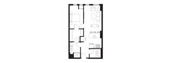 rectangular floor plan of a small apartment with a bedroom and a living room