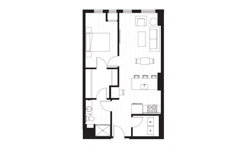 rectangular floor plan of a small apartment with a bedroom and a living room