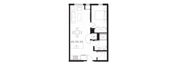rectangular floor plan of a small apartment with a bedroom and a living room
