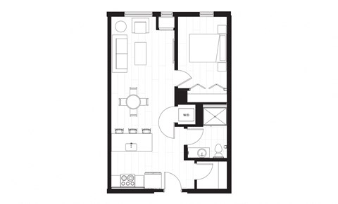 rectangular floor plan of a small apartment with a bedroom and a living room