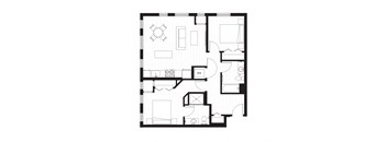 bedroom floor plan of a small apartment in white and black