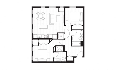 bedroom floor plan of a small apartment in white and black