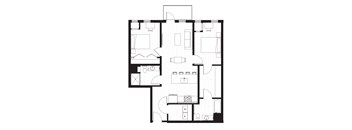 rectangular floor plan of a home with a small kitchen and a living room
