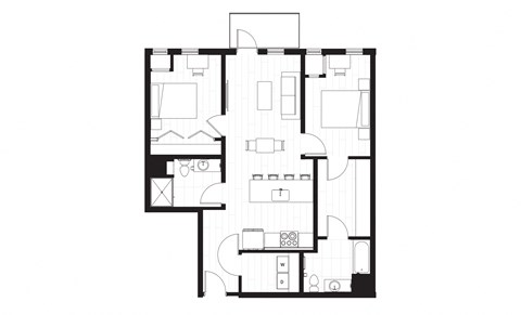 rectangular floor plan of a home with a small kitchen and a living room