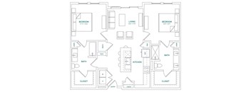 A floor plan of a house with two bedrooms, a living room, a kitchen, a bath, a mudroom, a cloakroom, and an entry.