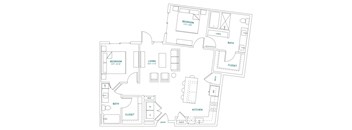 A floor plan of a house with two bedrooms, a living room, a kitchen, a bath, a mudroom, and a linen closet.