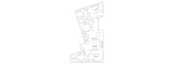 A floor plan of a house with a bedroom, bathroom, kitchen, and living room.