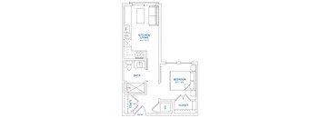 A floor plan of a small apartment with a kitchen, bathroom, closet, and bedroom.