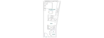A floor plan of a kitchen, living room, bathroom, and closet.