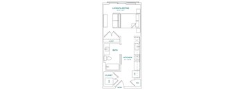 A floor plan of a living/sleeping area with a kitchen and bath.