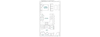 A floor plan of a small apartment with a living room, kitchen, bathroom, and entry.