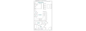 A floor plan of a living/sleeping area with a kitchen, closet, and bathroom.