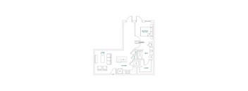 A floor plan of a small apartment with a bedroom, living room, kitchen, and bathroom.