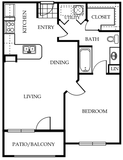 From the entry is an open concept kitchen, dining, then living area and balcony. Bedroom with bathroom access and walk-in closet next to a laundry closet.