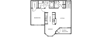 From the entry is a laundry closet, storage, and built-in desk. Large living room, then kitchen, dining room, and balcony. The bedroom has walk-in closet and bathroom access.