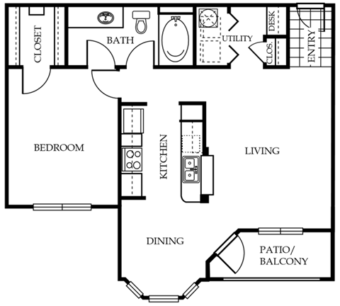 From the entry is a laundry closet, storage, and built-in desk. Large living room, then kitchen, dining room, and balcony. The bedroom has walk-in closet and bathroom access.