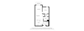 A floor plan of a house with a living room, dining room, kitchen, and two bathrooms.
