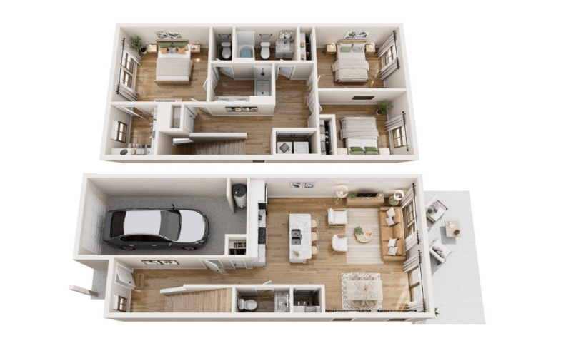 A top-down view of a two-story house with a car parked in the driveway.