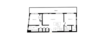A floor plan of a house with two bedrooms, a living room, a kitchen, a bathroom, and a terrace.