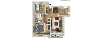 A 3D floor plan of a small apartment with a kitchen, living room, and bathroom.
