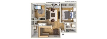 A cutaway illustration of a small apartment with a kitchen, living room, and bedroom.