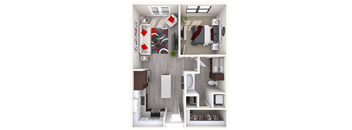 A 3D floor plan of a small apartment with a living room, kitchen, and bathroom.