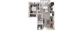 A 3D floor plan of a small apartment with a kitchen, living room, and bathroom.