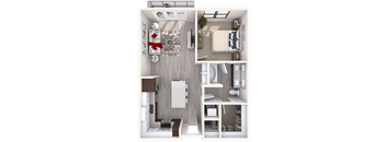 A 3D floor plan of a small apartment with a living room, kitchen, and bathroom.