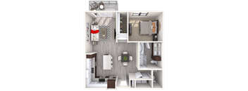 A 3D rendered image of a small apartment layout.