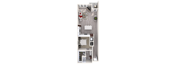 A floor plan of a small apartment with a kitchen, living room, and bathroom.