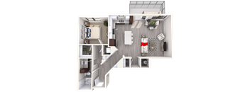 A 3D rendered image of a house layout.